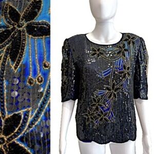 Vintage Albert Paul 100% Silk Floral Beaded Sequin Top Size M Boxy Scallop Hem